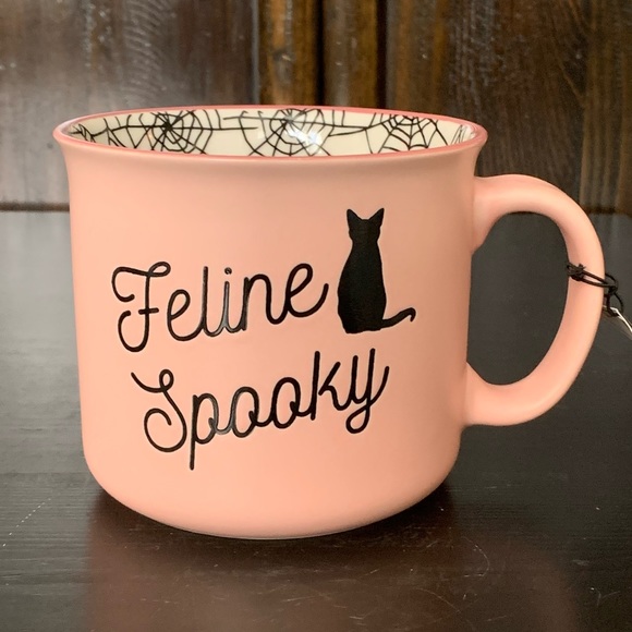 Feline Spooky Black Cat - Pink Halloween Mug with Spider Web Interior - Picture 3 of 13